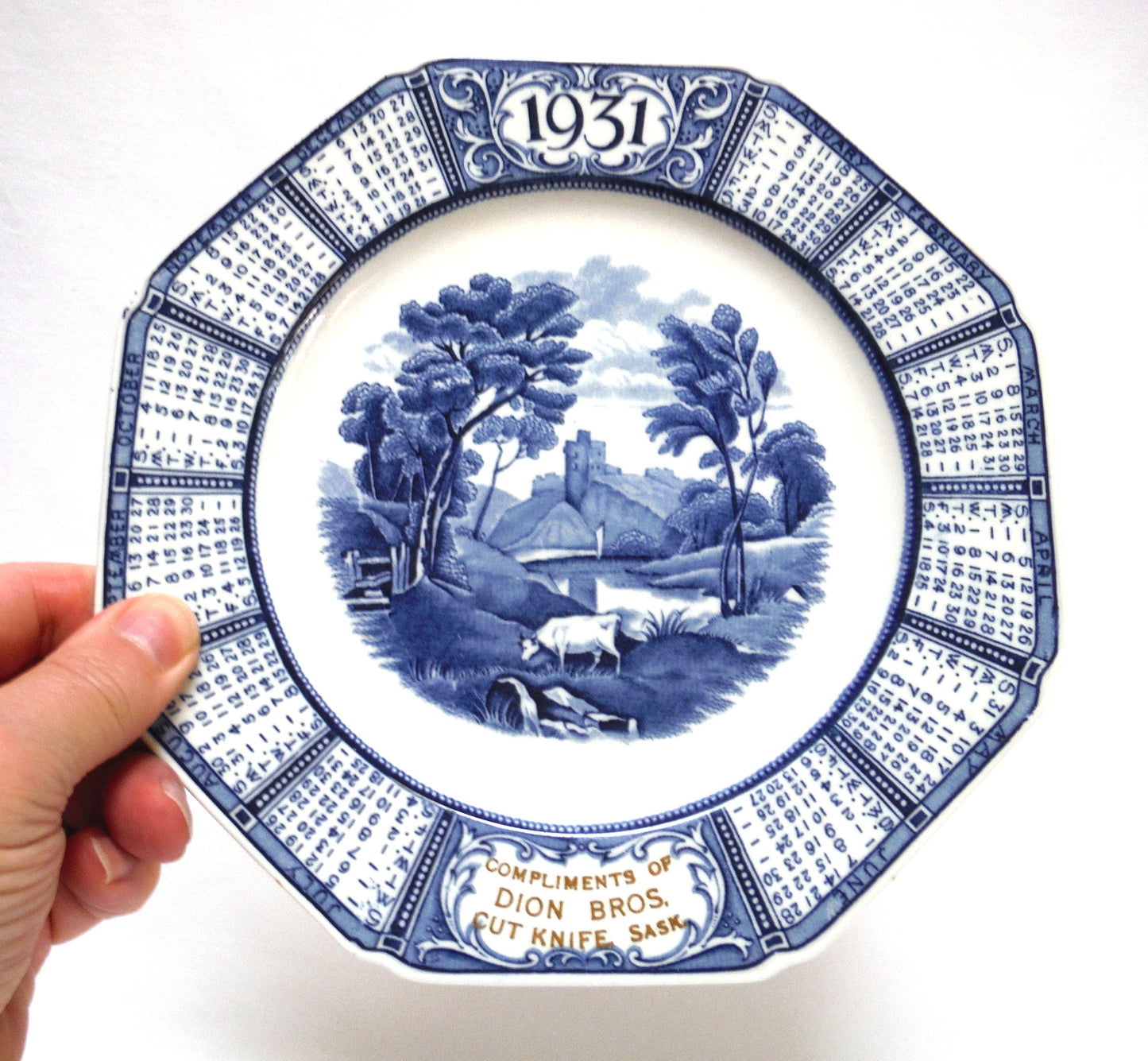 1931 Antique Decorative Calendar Plate by WOODS BURSLEM of ENGLAND: Gold Imprinted for Dion Bros. of Cut Knife, Saskatchewan