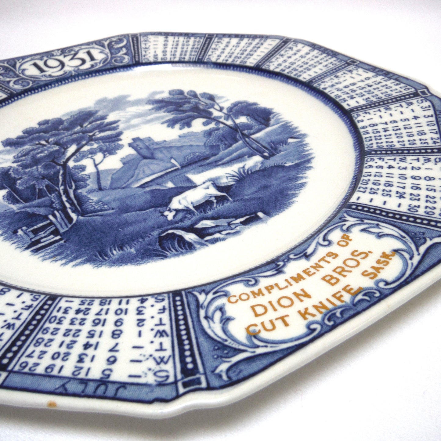 1931 Antique Decorative Calendar Plate by WOODS BURSLEM of ENGLAND: Gold Imprinted for Dion Bros. of Cut Knife, Saskatchewan