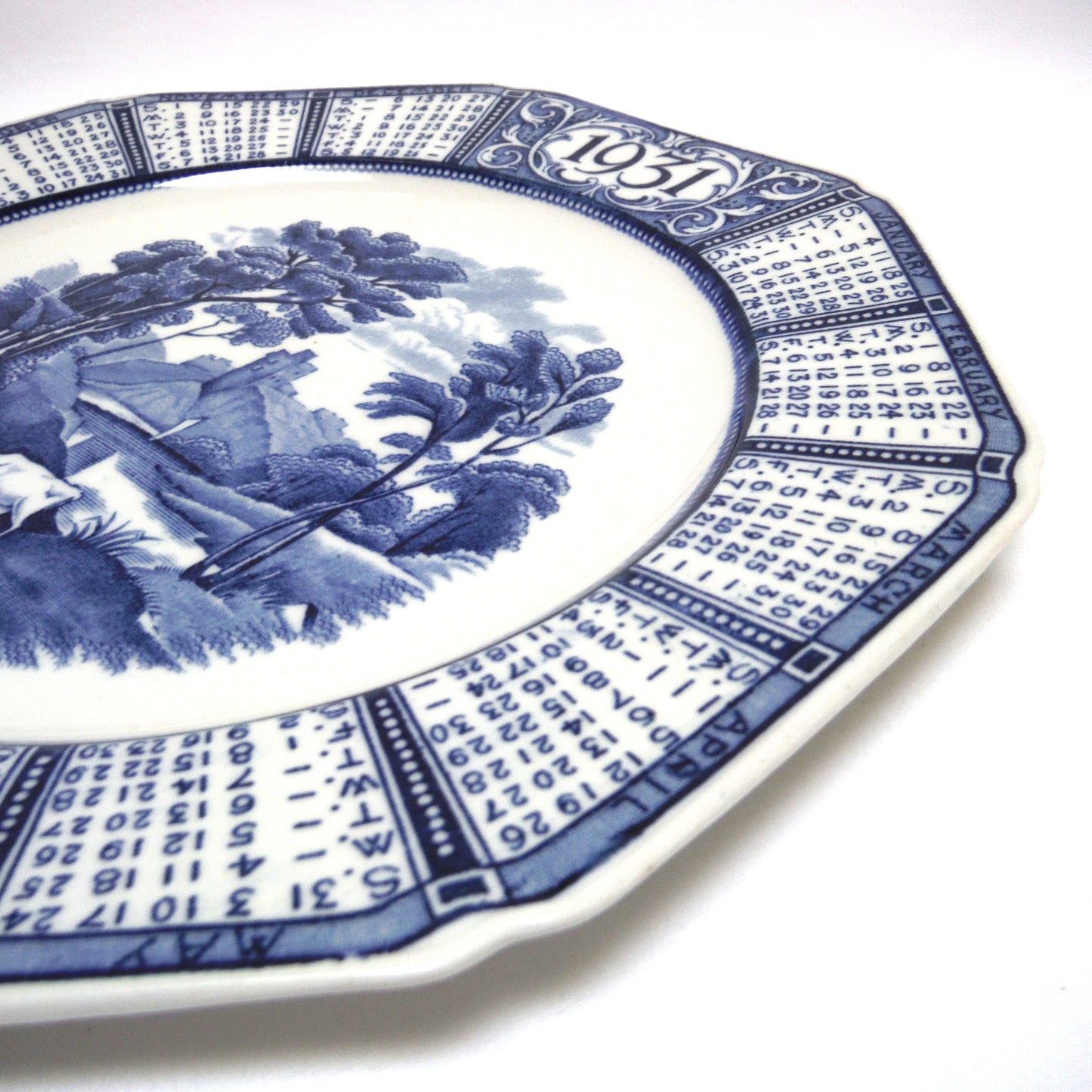 1931 Antique Decorative Calendar Plate by WOODS BURSLEM of ENGLAND: Gold Imprinted for Dion Bros. of Cut Knife, Saskatchewan