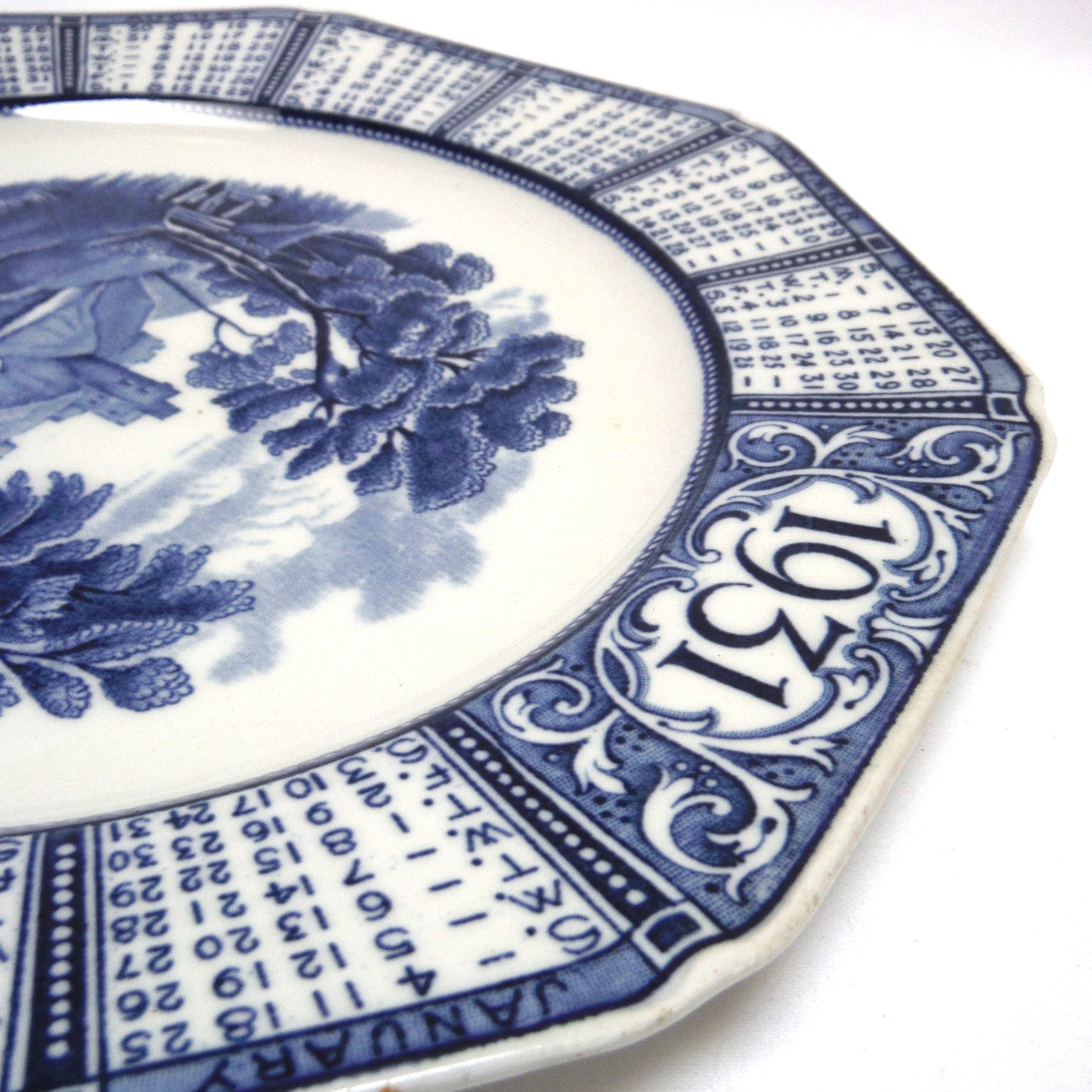 1931 Antique Decorative Calendar Plate by WOODS BURSLEM of ENGLAND: Gold Imprinted for Dion Bros. of Cut Knife, Saskatchewan