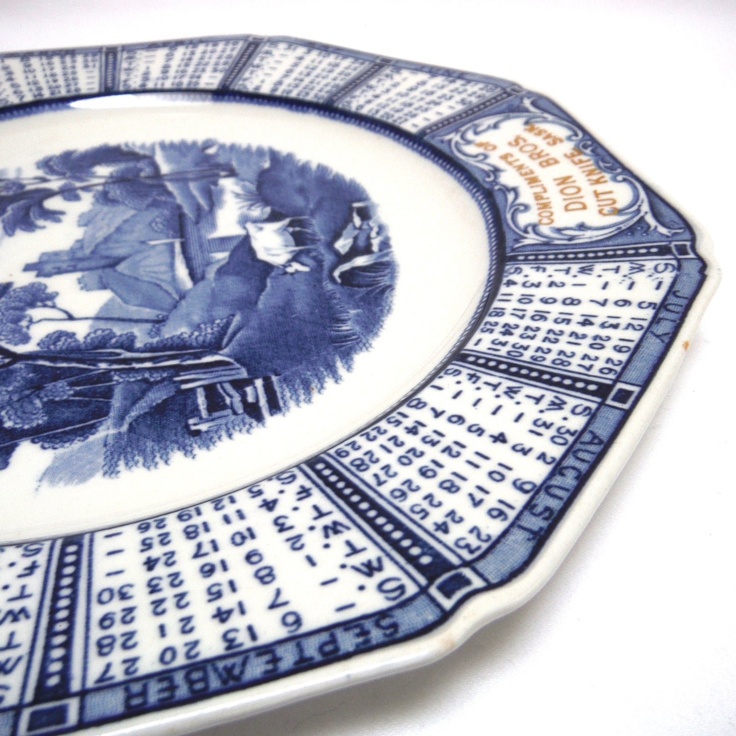 1931 Antique Decorative Calendar Plate by WOODS BURSLEM of ENGLAND: Gold Imprinted for Dion Bros. of Cut Knife, Saskatchewan