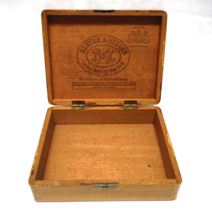 Vintage Wood Cigar Box with Hinged-Lid Working-Lock Humidor, 'INVINCIBLES DE BENSON AND HEDGES