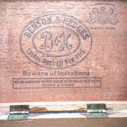 Vintage Wood Cigar Box with Hinged-Lid Working-Lock Humidor, 'INVINCIBLES DE BENSON AND HEDGES