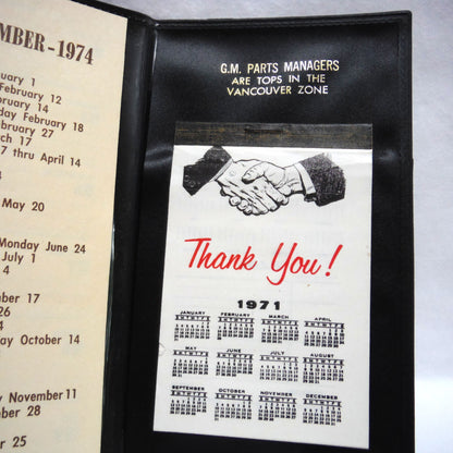 1970's Tri-Fold Black Vinyl Automotive Pocket Calendar: 'GM PARTS MANAGERS ARE TOPS IN THE VANCOUVER ZONE'