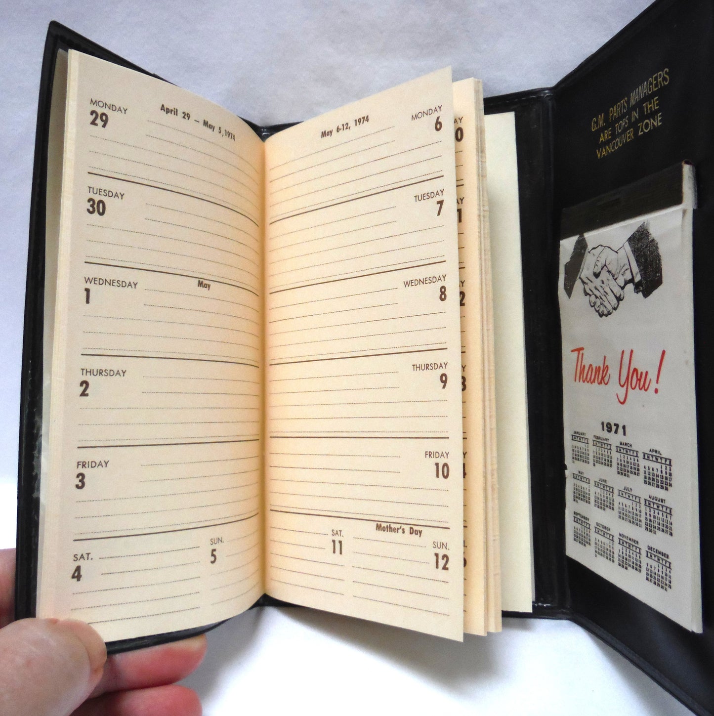 1970's Tri-Fold Black Vinyl Automotive Pocket Calendar: 'GM PARTS MANAGERS ARE TOPS IN THE VANCOUVER ZONE'