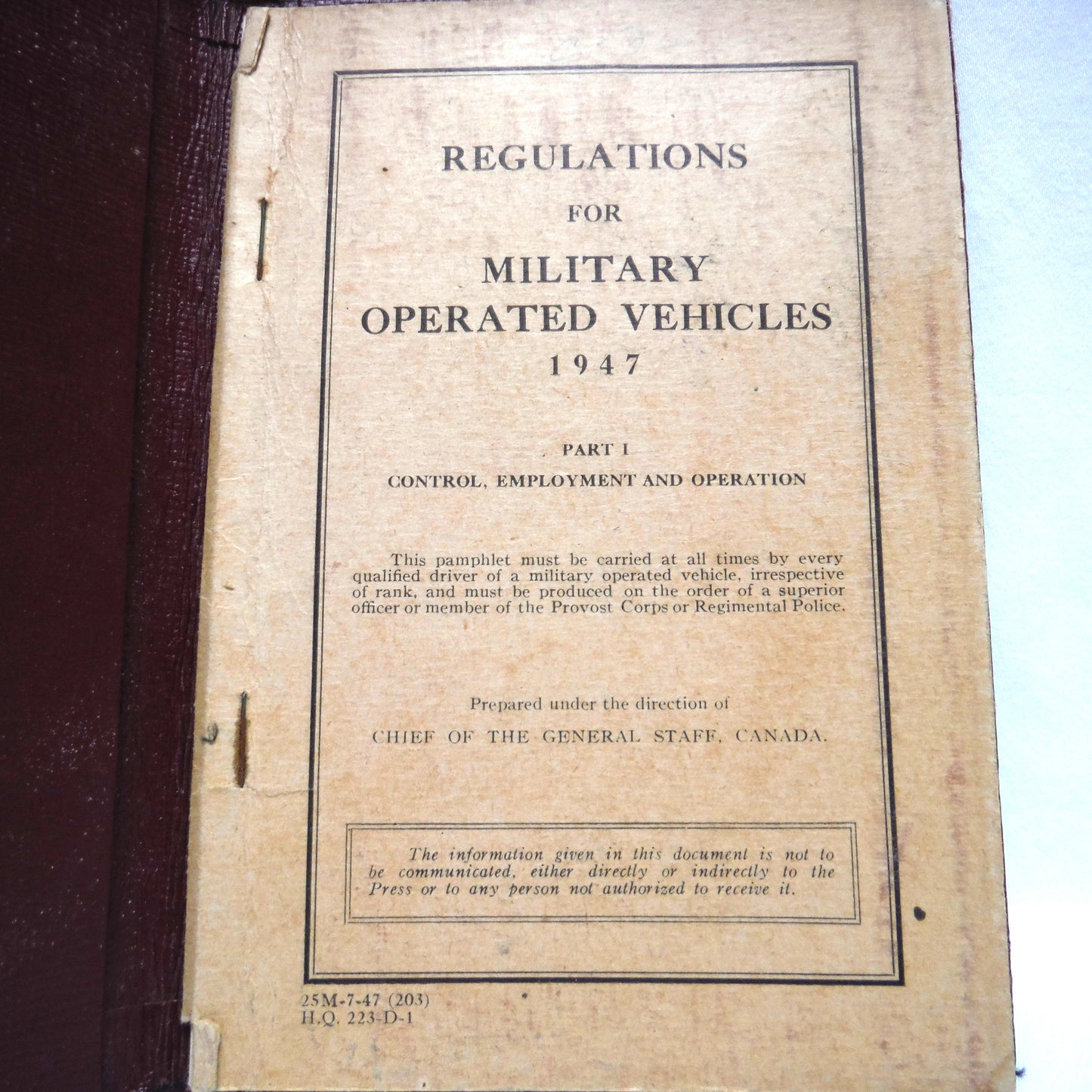 1947 Regulations for Military Operated Vehicles Canadian Army: Red Leather Pocket Manual and Driving Permit