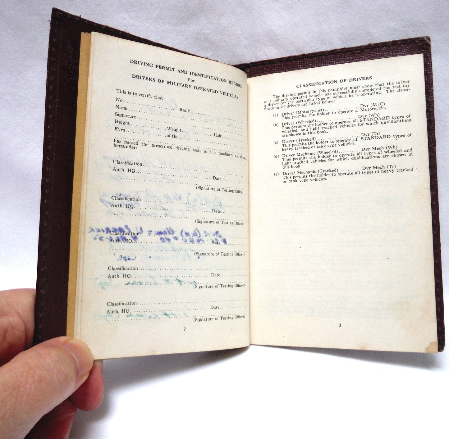 1947 Regulations for Military Operated Vehicles Canadian Army: Red Leather Pocket Manual and Driving Permit
