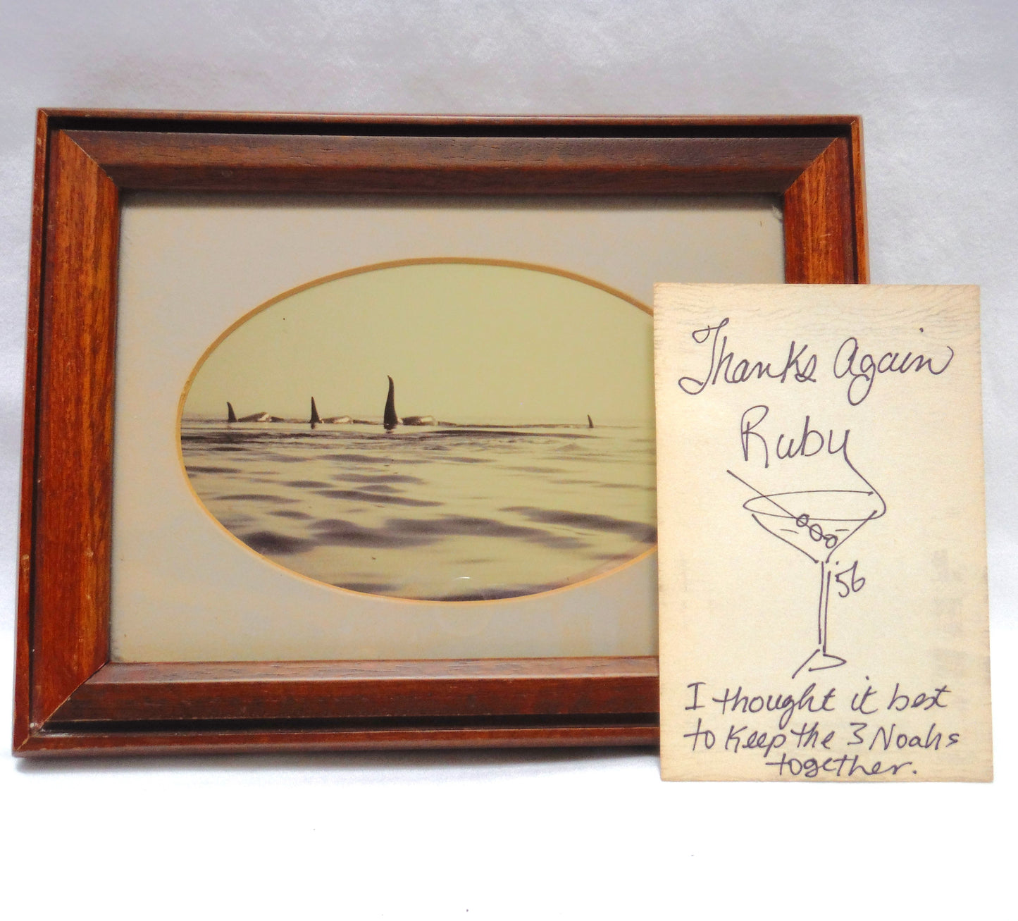 1956 Mid-Century B&W Sepia-Toned Wood Framed Photograph: 'FOUR ORCA KILLER WHALES'