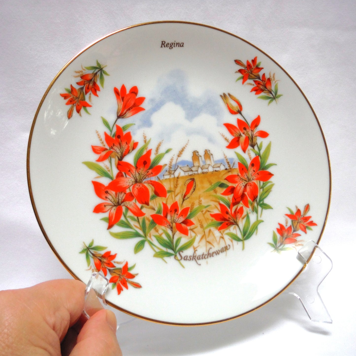 VINTAGE SOUVENIR 8.5-inch Decorative Plate of REGINA, SASKATCHEWAN: Western Red Lily by Viletta of Canada