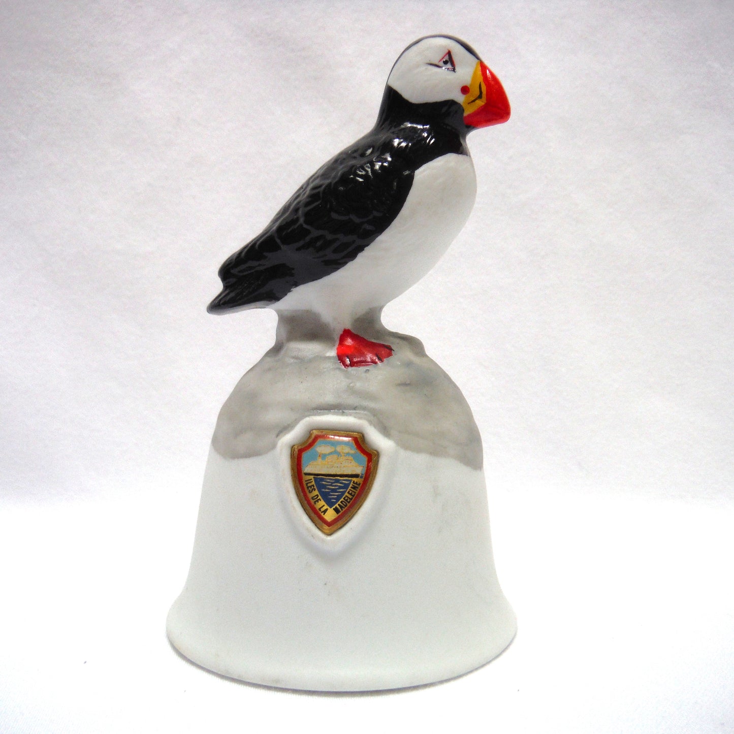 VINTAGE SOUVENIR POTTERY PUFFIN BELL, Celebrating Isle de la Madeleine, Quebec
