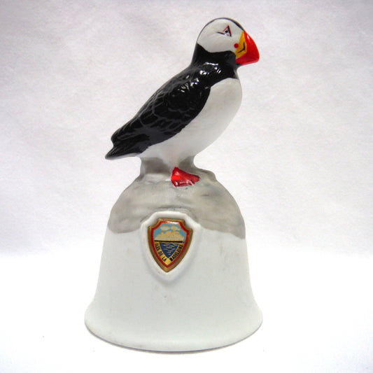 VINTAGE SOUVENIR POTTERY PUFFIN BELL, Celebrating Isle de la Madeleine, Quebec