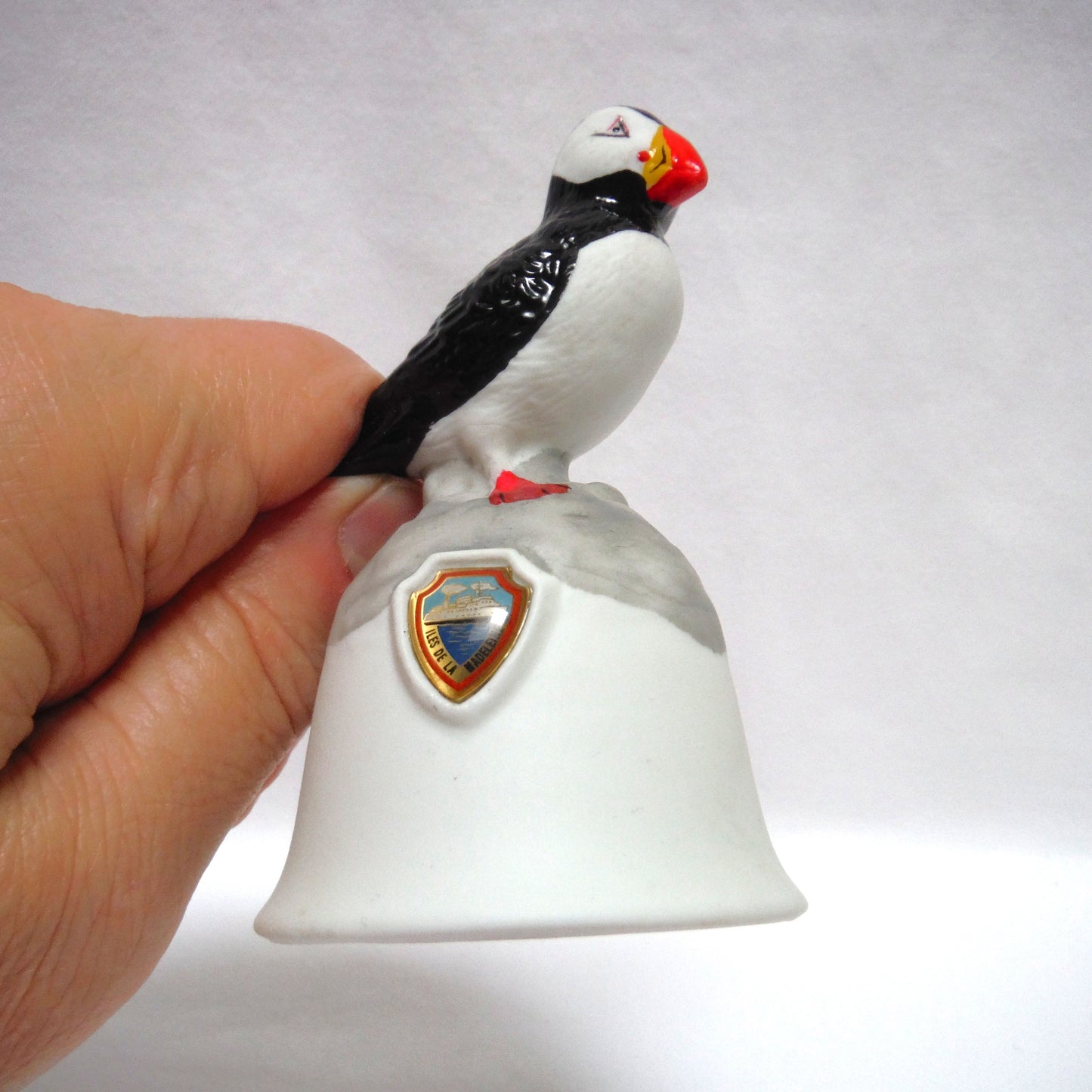 VINTAGE SOUVENIR POTTERY PUFFIN BELL, Celebrating Isle de la Madeleine, Quebec