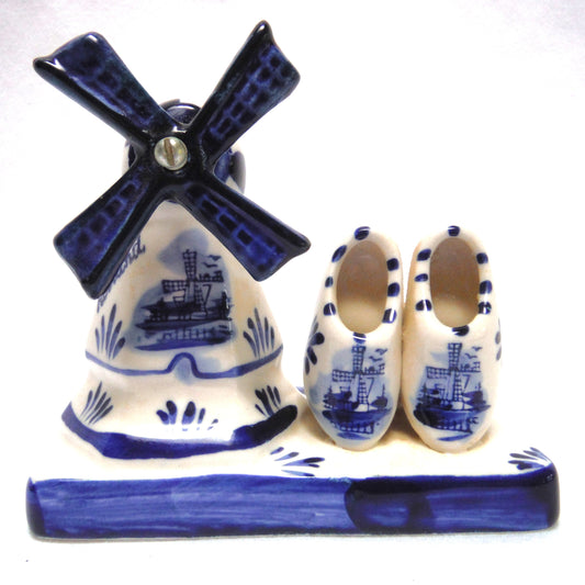 DELFT Blue Holland Figurine Statue: Dutch Windmill and Pair of Clogs on a Sturdy Stand