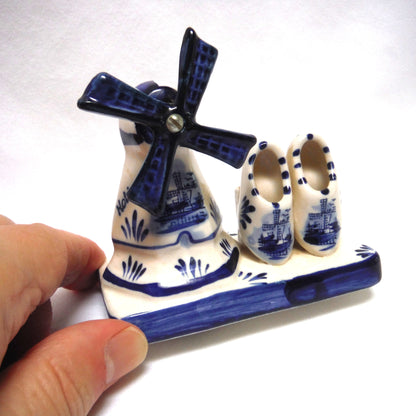 DELFT Blue Holland Figurine Statue: Dutch Windmill and Pair of Clogs on a Sturdy Stand