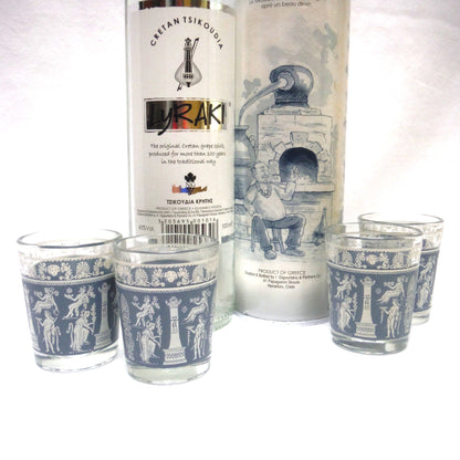 Vintage Set of Four Glass Shot Glasses: GREEK HELLENIC GODDESS FEAST STYLE SKY BLUE ON WHITE