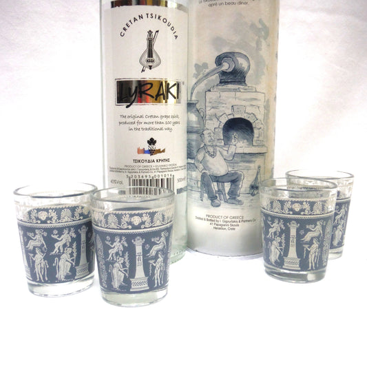 Vintage Set of Four Glass Shot Glasses: GREEK HELLENIC GODDESS FEAST STYLE SKY BLUE ON WHITE