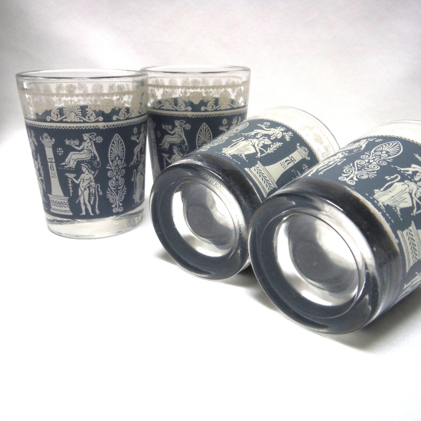 Vintage Set of Four Glass Shot Glasses: GREEK HELLENIC GODDESS FEAST STYLE SKY BLUE ON WHITE