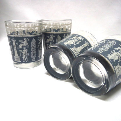 Vintage Set of Four Glass Shot Glasses: GREEK HELLENIC GODDESS FEAST STYLE SKY BLUE ON WHITE