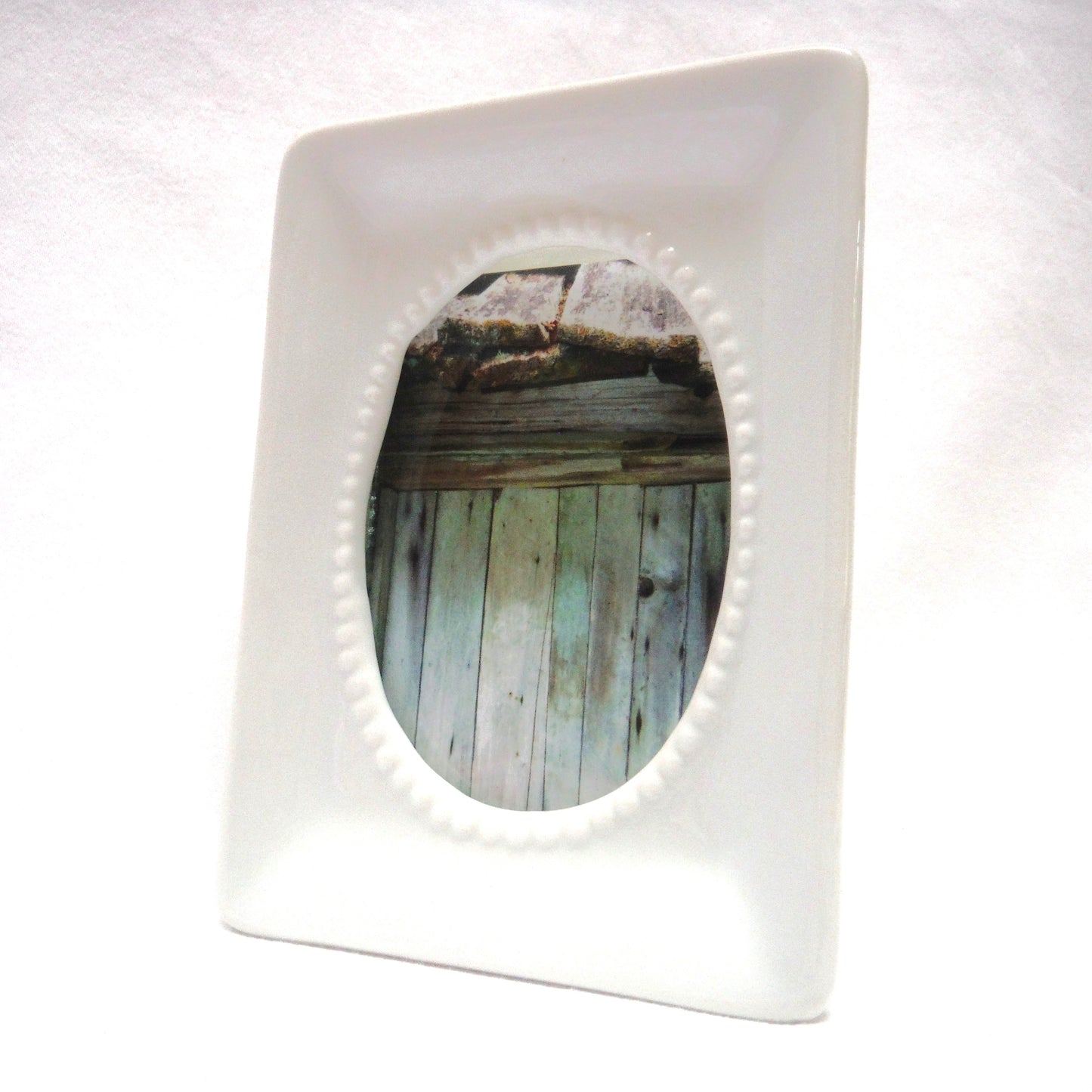 Vintage Miniature Lucky Photo Frame, White Porcelain with Original Glass Insert
