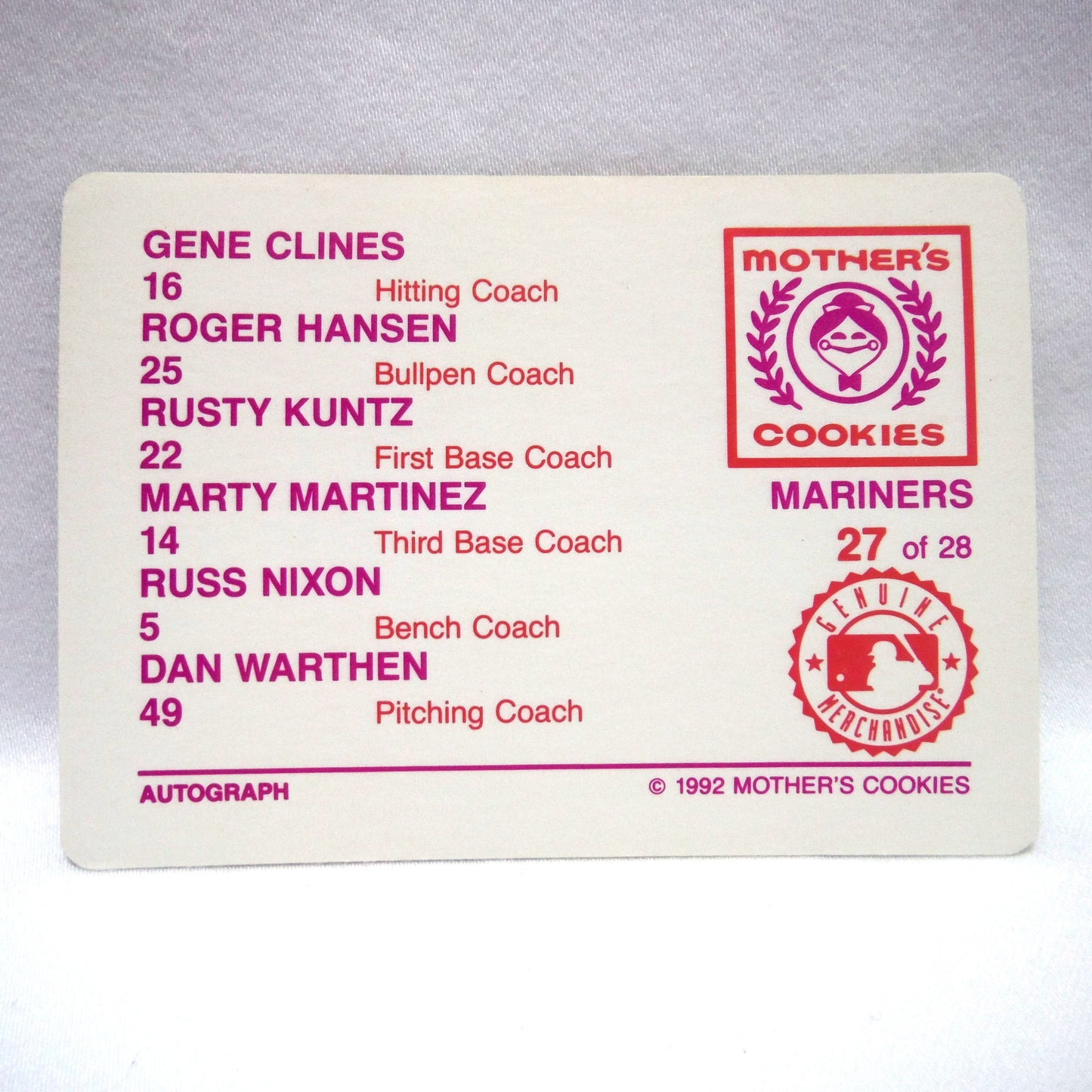 1992 Baseball Trading Card Team Set by Mother's Cookies: SEATTLE MARINERS BASEBALL CLUB (Set of 22/28)