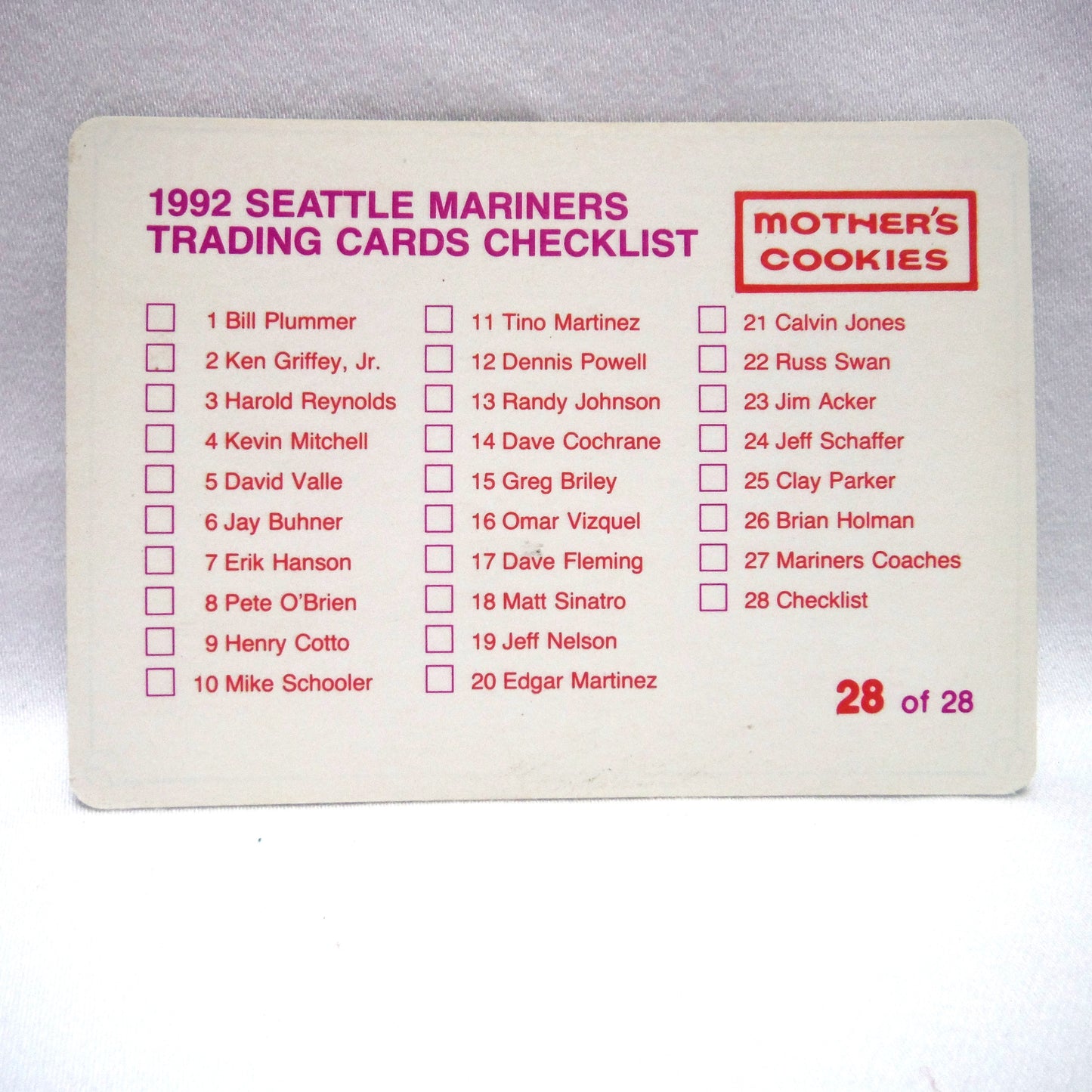 1992 Baseball Trading Card Team Set by Mother's Cookies: SEATTLE MARINERS BASEBALL CLUB (Set of 22/28)