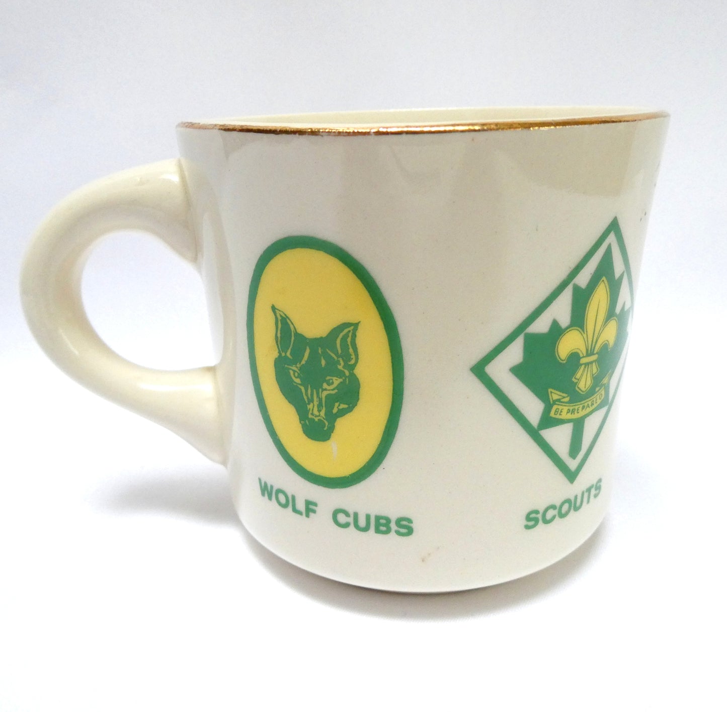 VINTAGE 1960's BOY SCOUTS OF CANADA LOGO BRANDED GOLD-RIMMED COFFEE MUG