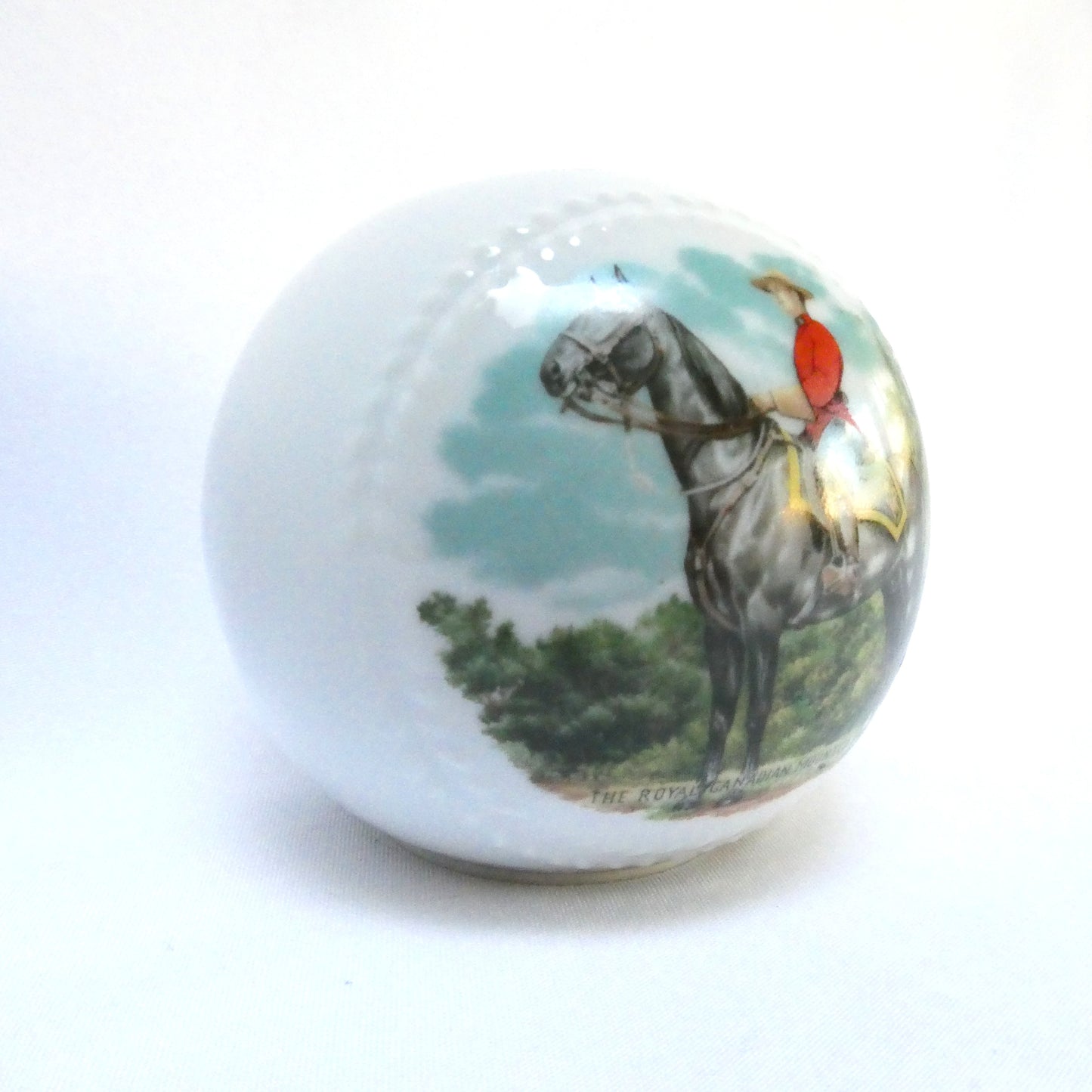 Vintage Ceramic White Baseball-Styled MEDICINE HAT MONEY BANK: Featuring The Royal Canadian Mounted Police (RCMP)