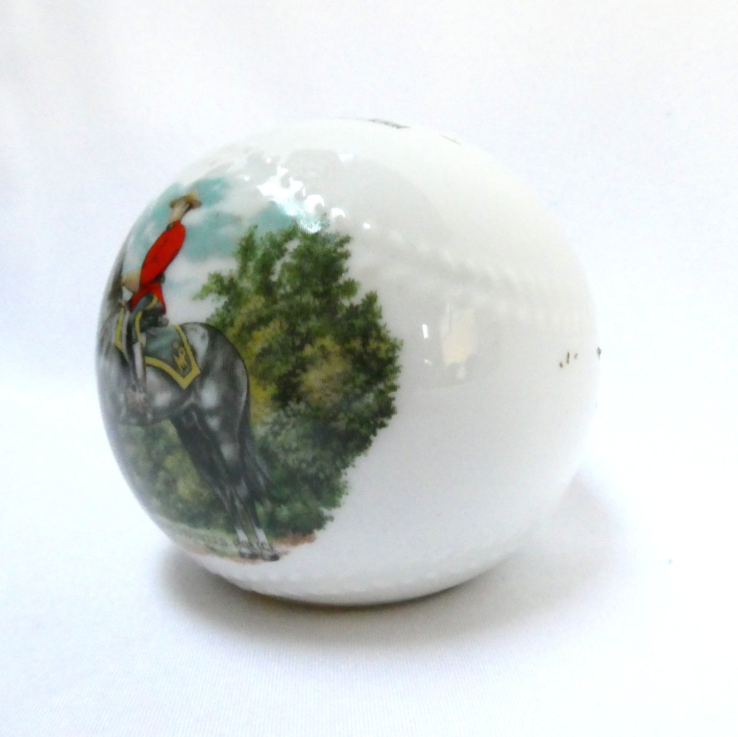 Vintage Ceramic White Baseball-Styled MEDICINE HAT MONEY BANK: Featuring The Royal Canadian Mounted Police (RCMP)