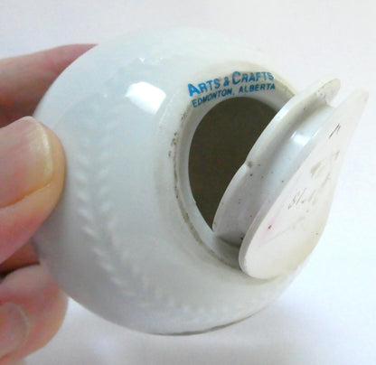 Vintage Ceramic White Baseball-Styled MEDICINE HAT MONEY BANK: Featuring The Royal Canadian Mounted Police (RCMP)