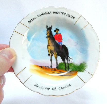 1950's Canadian Miniature Souvenir Plate or Trinket Dish: Featuring The Royal Canadian Mounted Police (RCMP) Handpainted by BCM