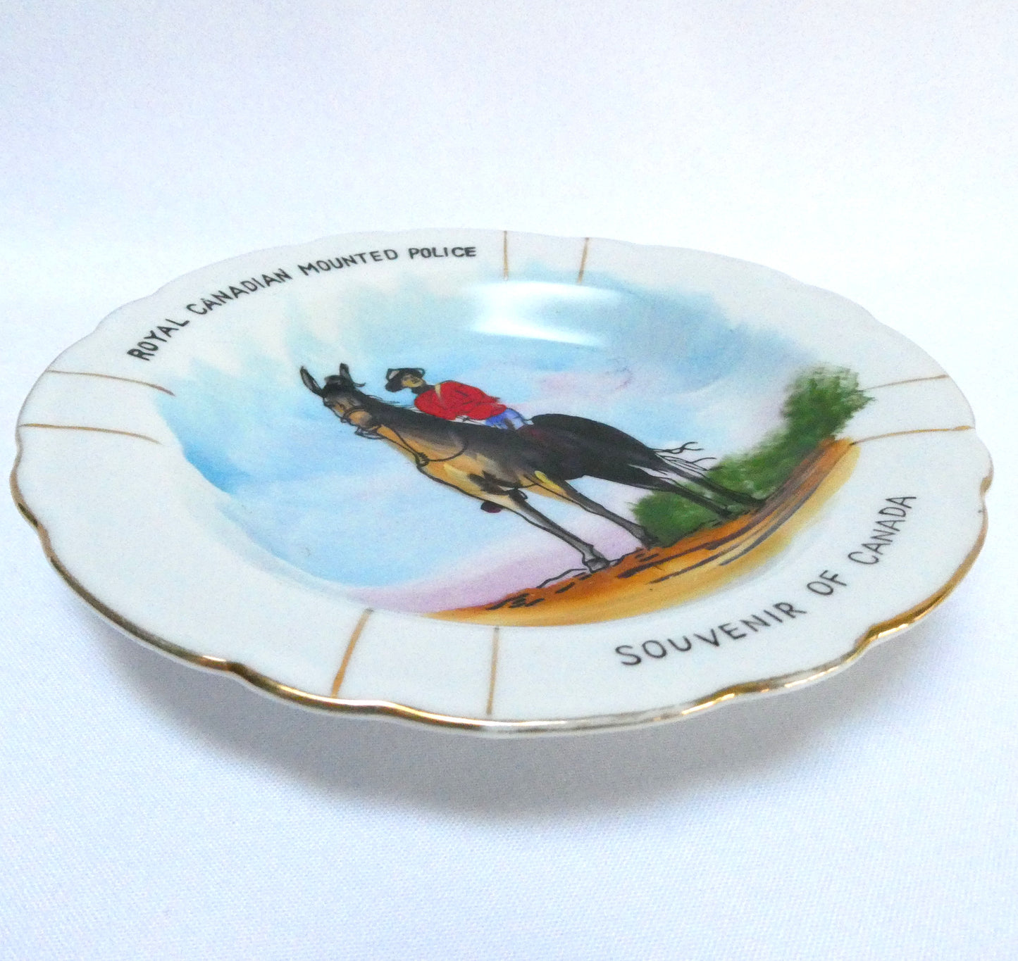 1950's Canadian Miniature Souvenir Plate or Trinket Dish: Featuring The Royal Canadian Mounted Police (RCMP) Handpainted by BCM