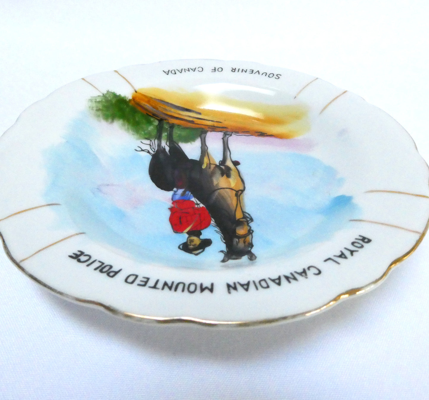 1950's Canadian Miniature Souvenir Plate or Trinket Dish: Featuring The Royal Canadian Mounted Police (RCMP) Handpainted by BCM