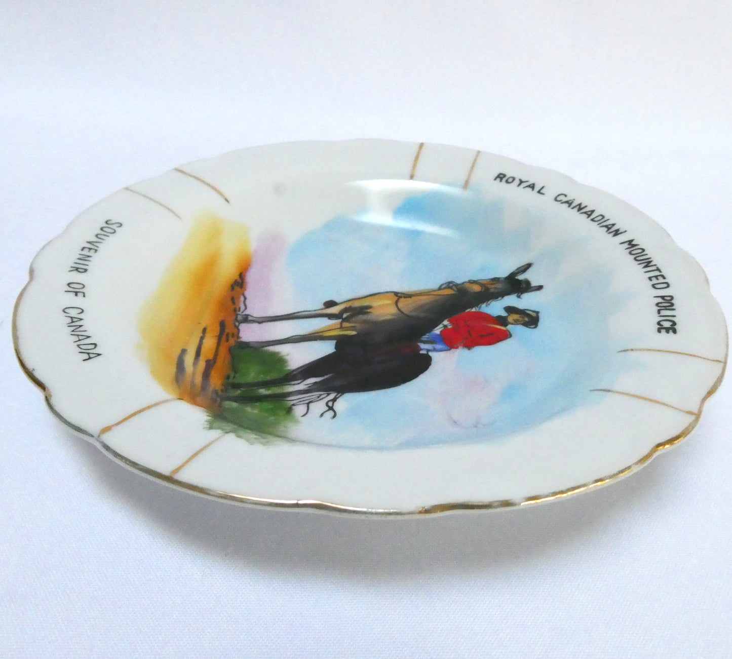 1950's Canadian Miniature Souvenir Plate or Trinket Dish: Featuring The Royal Canadian Mounted Police (RCMP) Handpainted by BCM