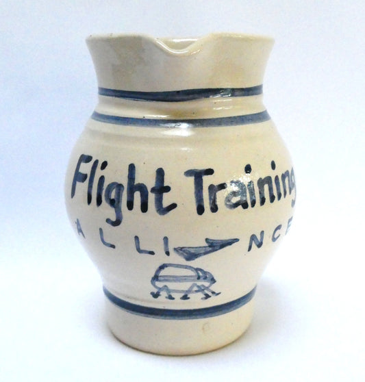 Handmade Vintage Stoneware Pitcher with Aviation-Inspired Cobalt Blue Striped Design: LUFTHANSA FLIGHT TRAINING ALLIANCE