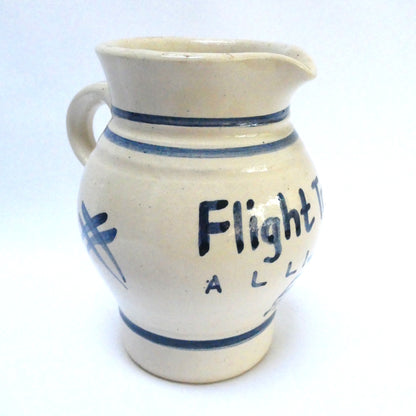 Handmade Vintage Stoneware Pitcher with Aviation-Inspired Cobalt Blue Striped Design: LUFTHANSA FLIGHT TRAINING ALLIANCE