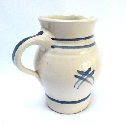 Handmade Vintage Stoneware Pitcher with Aviation-Inspired Cobalt Blue Striped Design: LUFTHANSA FLIGHT TRAINING ALLIANCE