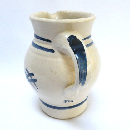 Handmade Vintage Stoneware Pitcher with Aviation-Inspired Cobalt Blue Striped Design: LUFTHANSA FLIGHT TRAINING ALLIANCE