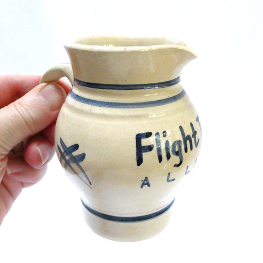 Handmade Vintage Stoneware Pitcher with Aviation-Inspired Cobalt Blue Striped Design: LUFTHANSA FLIGHT TRAINING ALLIANCE