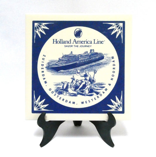 Collectible Ceramic Coaster Tile Featuring Four HOLLAND AMERICA LINE CRUISE SHIPS AND A NAUTICAL FIGURE