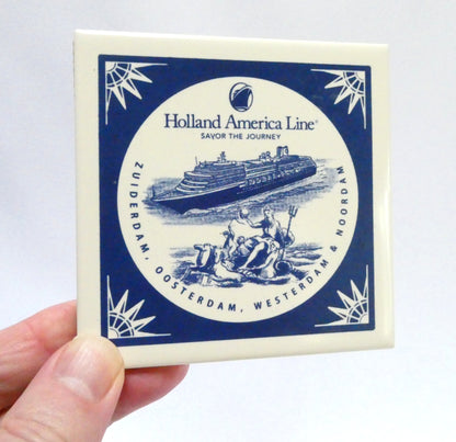 Collectible Ceramic Coaster Tile Featuring Four HOLLAND AMERICA LINE CRUISE SHIPS AND A NAUTICAL FIGURE