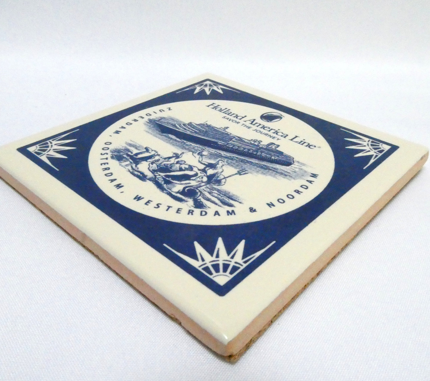 Collectible Ceramic Coaster Tile Featuring Four HOLLAND AMERICA LINE CRUISE SHIPS AND A NAUTICAL FIGURE
