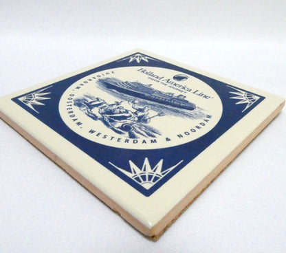 Collectible Ceramic Coaster Tile Featuring Four HOLLAND AMERICA LINE CRUISE SHIPS AND A NAUTICAL FIGURE