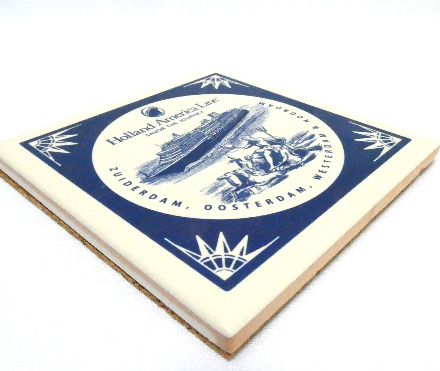 Collectible Ceramic Coaster Tile Featuring Four HOLLAND AMERICA LINE CRUISE SHIPS AND A NAUTICAL FIGURE