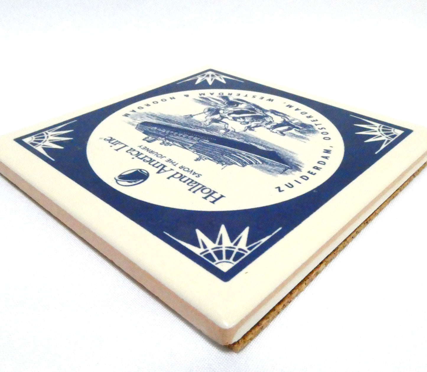 Collectible Ceramic Coaster Tile Featuring Four HOLLAND AMERICA LINE CRUISE SHIPS AND A NAUTICAL FIGURE