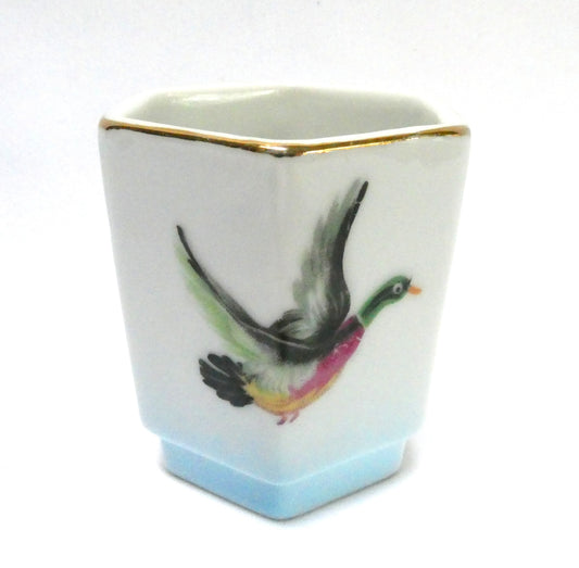 Antique Small Hand-Painted Japanese Porcelain Hexagon-Shaped Mini Vase: MR and MRS MALLARD DUCK!