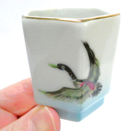 Antique Small Hand-Painted Japanese Porcelain Hexagon-Shaped Mini Vase: MR and MRS MALLARD DUCK!