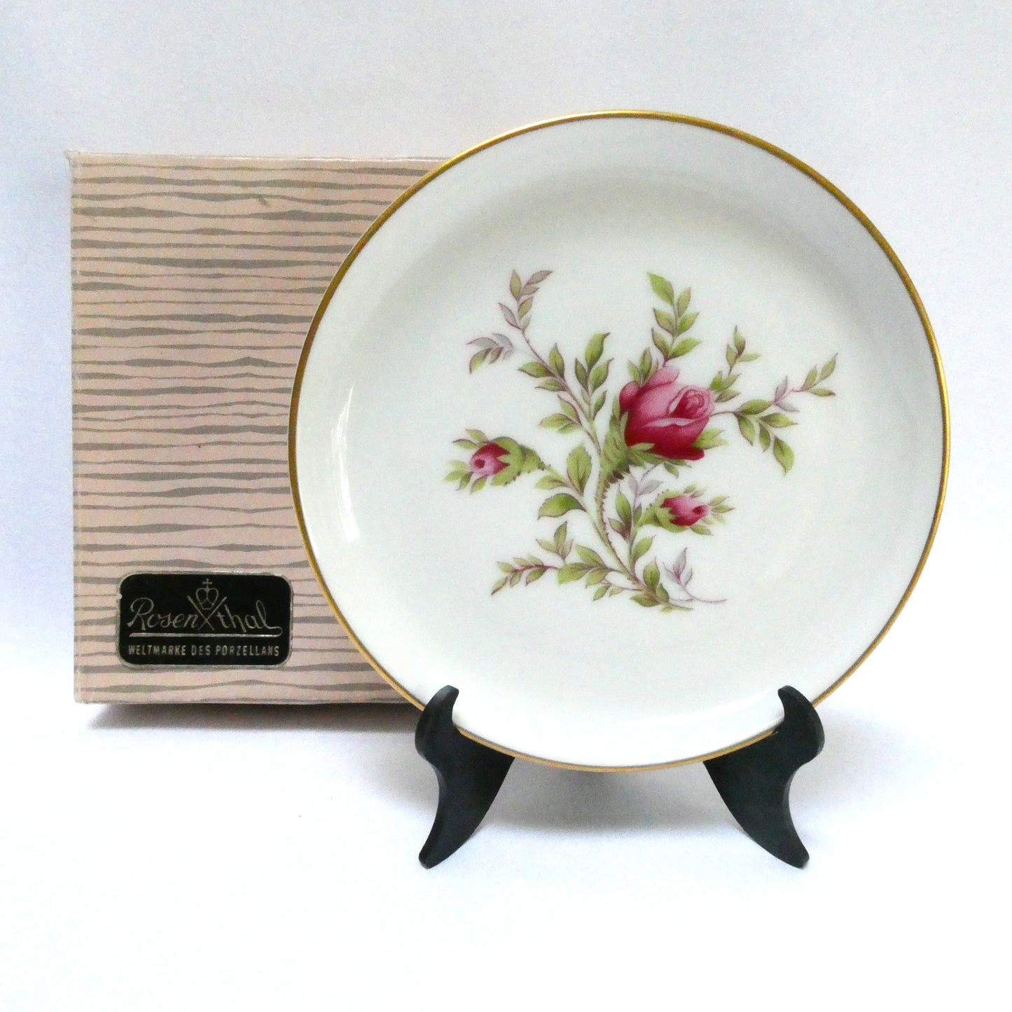 Vintage 'Moss Rose' 4.5-inch Miniature Gold-Rimmed Porcelain Plate or Trinket Tray with Original Box, by Rosenthal of Germany!