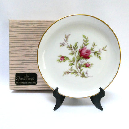 Vintage 'Moss Rose' 4.5-inch Miniature Gold-Rimmed Porcelain Plate or Trinket Tray with Original Box, by Rosenthal of Germany!