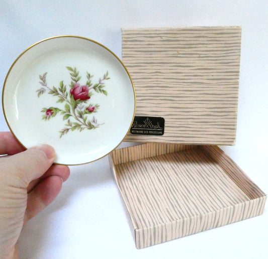Vintage 'Moss Rose' 4.5-inch Miniature Gold-Rimmed Porcelain Plate or Trinket Tray with Original Box, by Rosenthal of Germany!