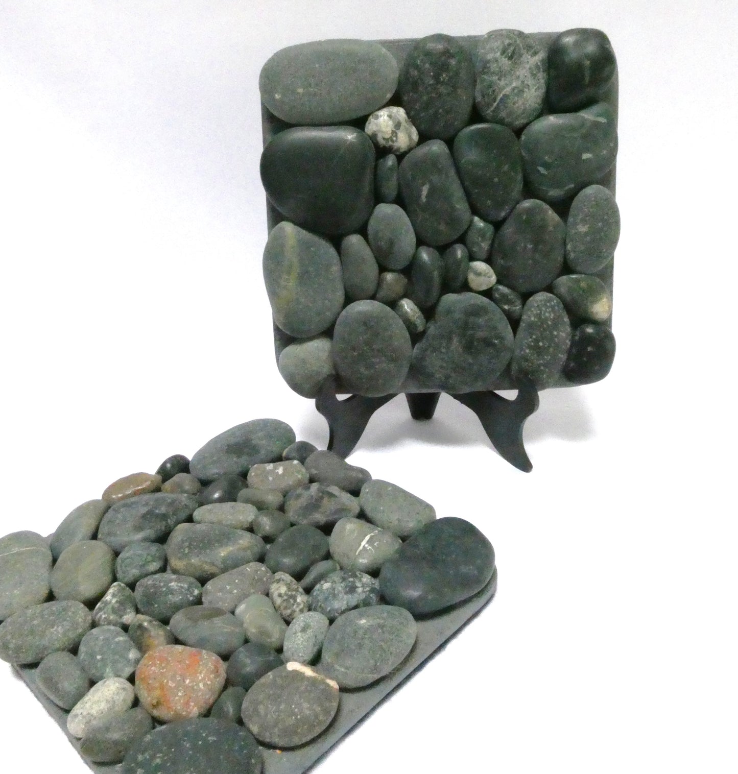 Pair of Contemporary-Designed Pebbled Stone Mosaic Tiled Drink Coasters, with Black Felt Backing